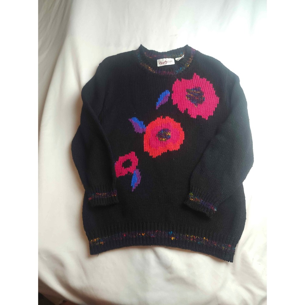 Vintage Shapely Knits Black Floral Poppy Sweater Ramie Cotton Crewneck Womens M
